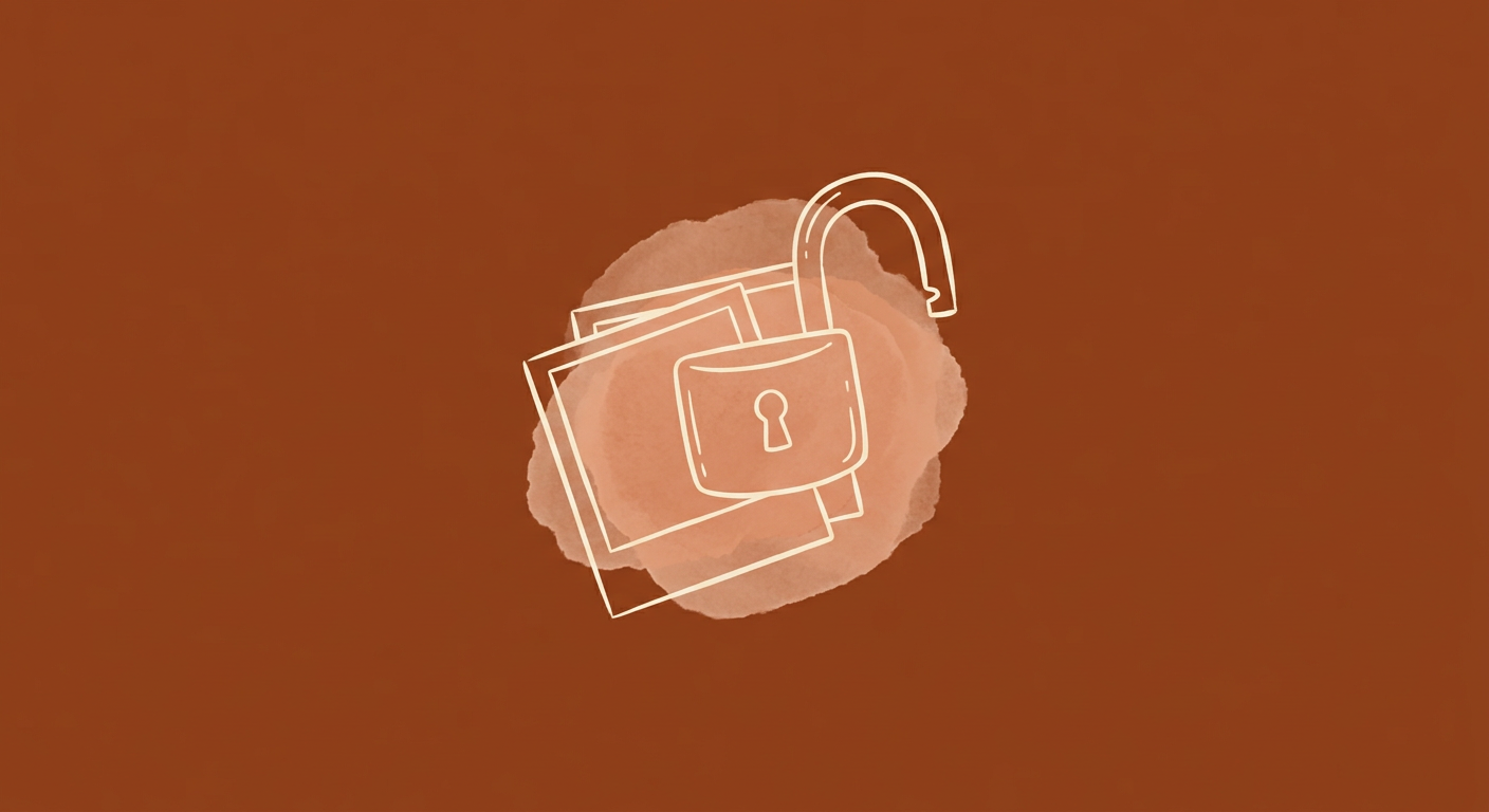 Illustration d'un cadenas entouré de photographies, dans des tons terracotta.