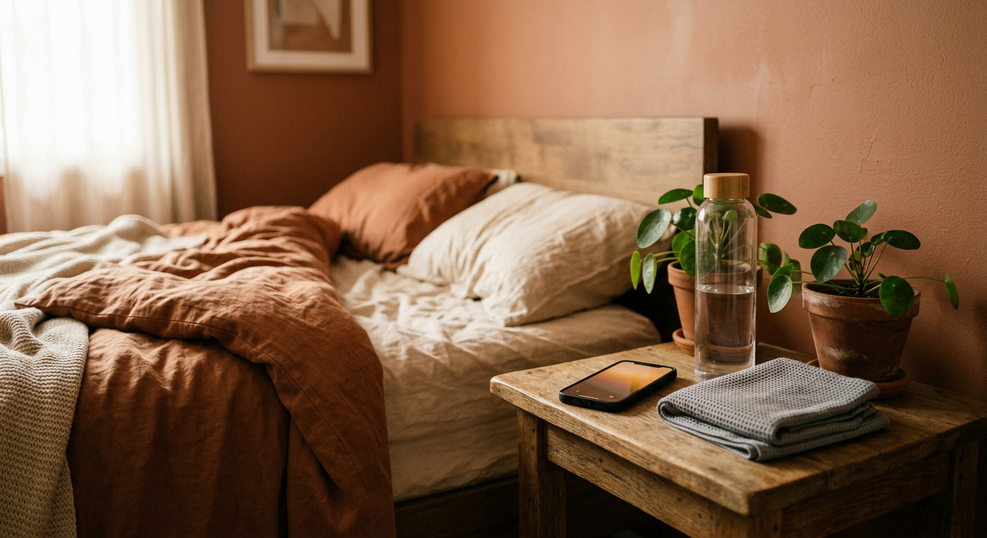 Un téléphone posé sur une table de chevet, dans une lumière de fin de matinée.